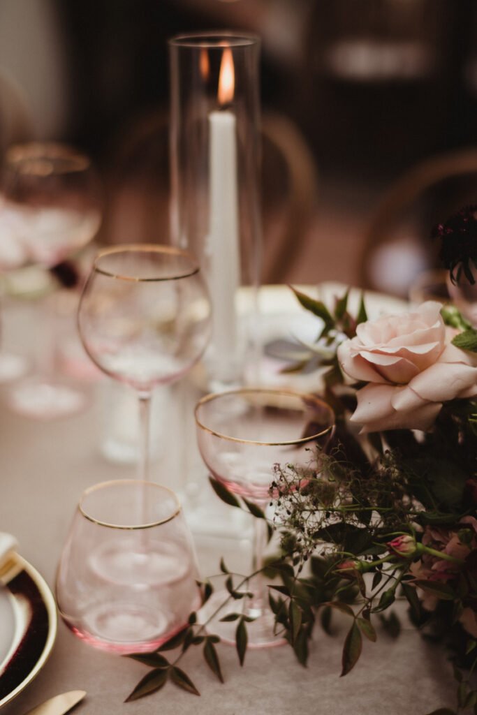 Wedding Flowers and pink glasses